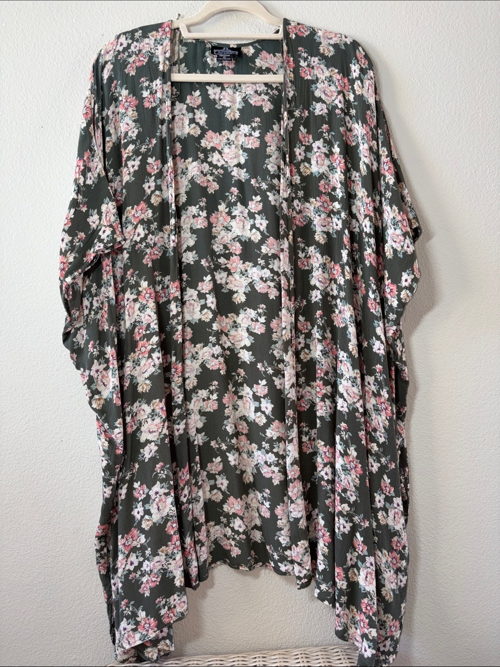Angie Olive Green Floral Kimono Wrap with Pink & White Blossoms